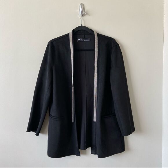 Zara-faux suede Tassel Bead Collar Detail Double Pocket Jacket (Size:Large) - Picture 1 of 8